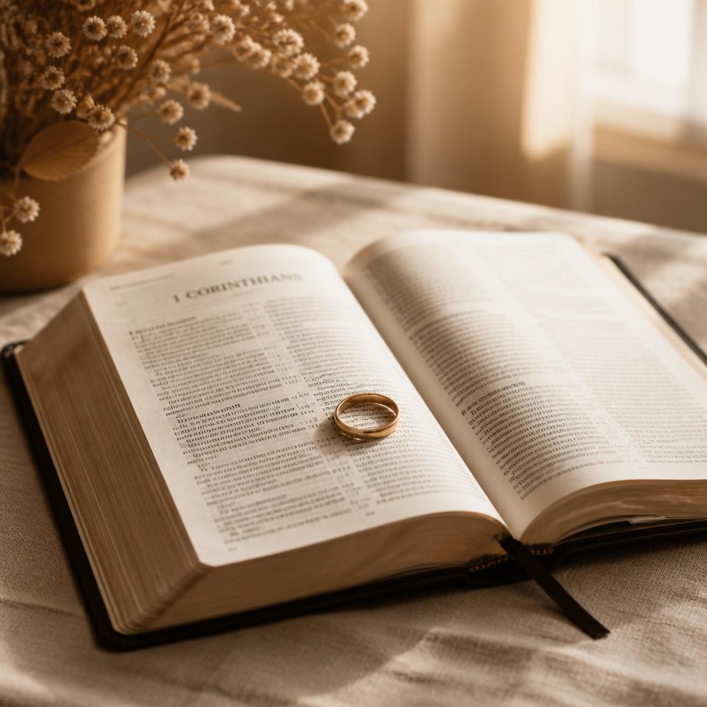 A gold wedding band resting on an open Bible